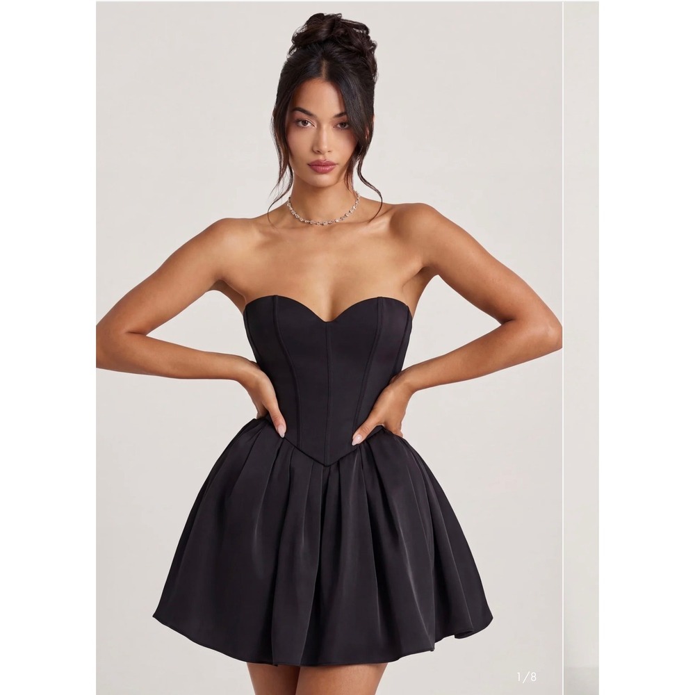 Oh Polly Jet Black Corset Mini Dress Lace Up Back Sweetheart Neckline US 14